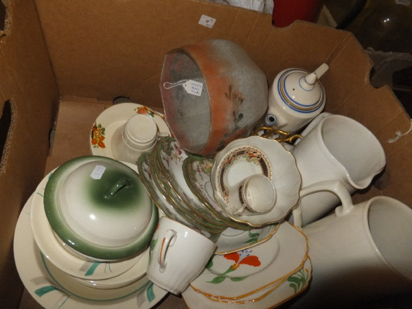 Two boxes of various china to include Continental floral encrusted centrepiece, tureens, lampshades, - Image 2 of 2