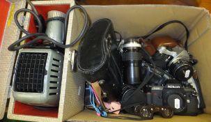 A box containing a collection of cameras, etc to include a Pentax ME Super, a Nikon F301, various