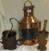 A brass and copper ship's lantern with brass plaque inscribed "Bow. Starboard. Patt. 24", a