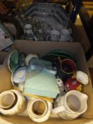 Three boxes of various English and European chinawares to include majolica jug, green leaf plates,