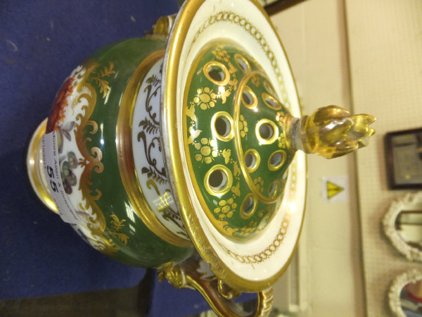 A Continental porcelain pot pourri vase and cover with gilt decorated dolphin handles and the - Image 2 of 9