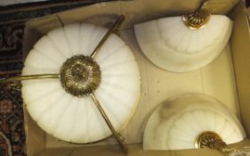 A brass and alabaster centre light fitting with two matching wall light pockets