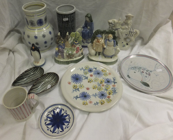 A large collection of Rye pottery to include baluster shaped vase with blue and black star