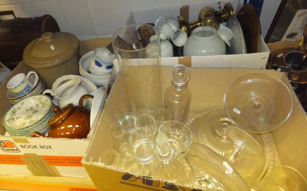 Three boxes of various china and glassware, brass oil lamp, etc