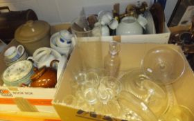 Three boxes of various china and glassware, brass oil lamp, etc