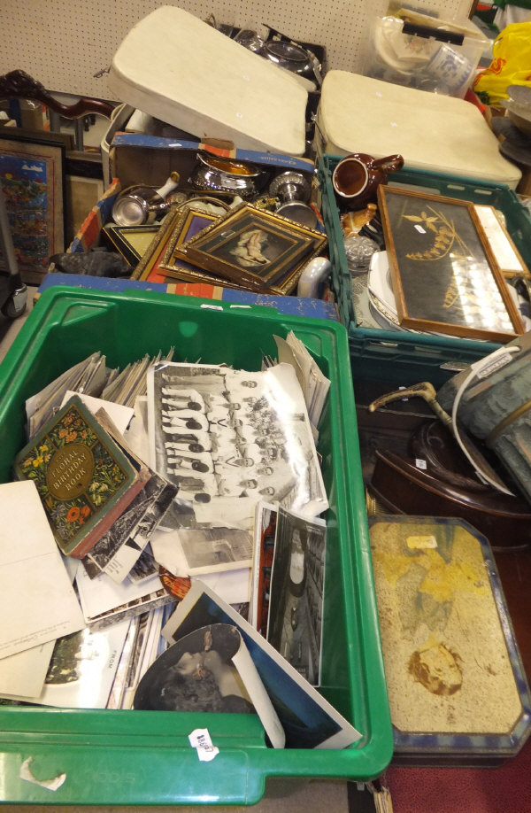 Six boxes and two suitcases of various sundry china, glassware, plated wares, ornaments,