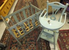 A child's doll's high chair and cot finished in sea green painted wood