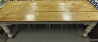 A large rectangular pine topped kitchen table with cream painted legs   CONDITION REPORTS  General
