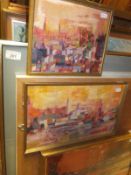 FLORENCE WARD "Industrial riverside" and "Roofs", modernist city scapes, oil on board, both