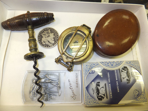 A box of sundry items to include 19th Century corkscrew, marching compass, a medallion inscribed " - Image 2 of 4