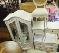 A white painted reproduction armoire, a French style chair, a white painted chest of three