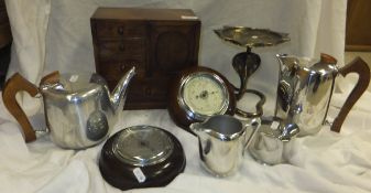 A picquot ware teapot, coffee pot, cream jug and sugar pot, two aneroid barometers, a mahogany