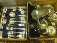 Five boxes of assorted plated wares to include muffin dish, teapots, sugar helmets, entree dishes,