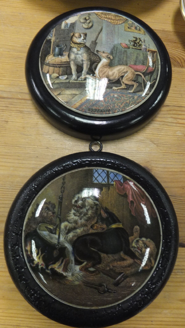 Two Pratt ware pot lids- one depicting two dogs in an interior setting beside a table and chair - Image 2 of 2