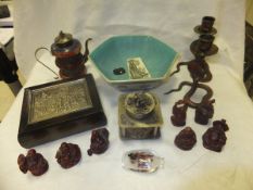 A box containing various ornamental Oriental wares to include scent bottle, incense holder, chess