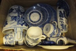 A box of various blue and white china