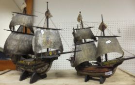 Two wooden models of tall masted ships