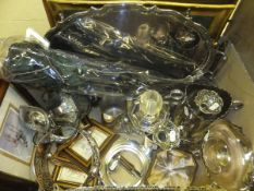 A box of assorted plated wares to include tankard, a Mappin & Webb glass table lighter, the base