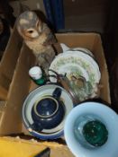 A box containing sundry china, Country Artist's figure "Tawny owl with honeysuckle", Country