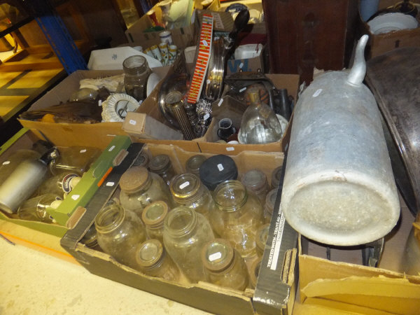 Eleven boxes of sundry glass, china, metalware, baskets, kilner jars, demi-johns, etc