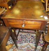 A mahogany work table with single drawer to frieze and stretchered base