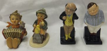 A Royal Doulton "Fat Boy" figure, a Royal Doulton "Pickwick" figure, together with two Goebel Hummel