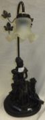 A spelter effect bodied table lamp featuring mother with child and a glass shade
