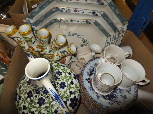 Three boxes of various English and European chinawares to include majolica jug, green leaf plates, - Image 3 of 4