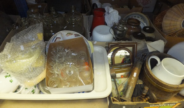 Eleven boxes of sundry glass, china, metalware, baskets, kilner jars, demi-johns, etc - Image 2 of 3