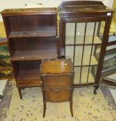 A three tier mahogany whatnot, an oak three shelf display cabinet standing on cabriole legs, and a