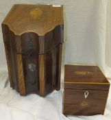 A 19th Century mahogany and inlaid knife box with serpentine front, together with a mahogany tea