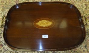 A mahogany tray with shell medallion inlay and brass handles