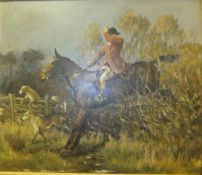 RLB "Huntsman on horse jumping hedge", oil on board, initialled and dated 1969 bottom right