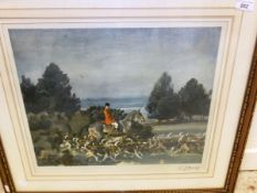 AFTER ALFRED J. MUNNINGS "Belvoir Hunt taking hounds to cover", colour print, signed in pencil