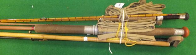 An Alex Martin "Scotia Dry Fly" two piece split cane fly rod, a fibreglass rod, bamboo pole, and a