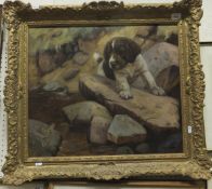 JOHN TRICKETT "Spaniel puppy and frog", oil on canvas, in moulded gilt frame   CONDITION REPORTS