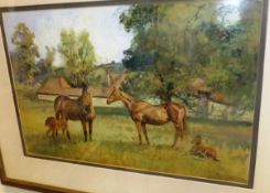 MICHAEL LYNE "Mares and foals with farm buildings in background", watercolour heightened with