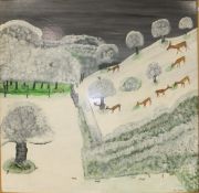 STAN ANSCOMBE "Winter scene with deer, fox, pheasants and rabbits", acrylic on board, signed