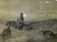 ENGLISH SCHOOL IN THE MANNER OF ARCHIBALD THORBURN "Partridge in field", black and white