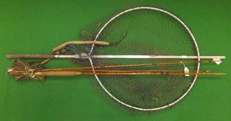 A Hardy three piece split cane fly rod with spare tip (AF), and a salmon "Gye" landing net