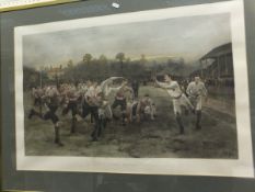 AFTER W.R. WOOLEM "A Rugby Match", tinted print, dated 1895