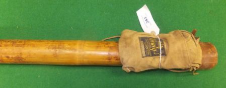 A Hardy Bros. bamboo rod tube with leather cap and makers cloth bag