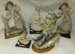 A collection of five capo-di-monte figurines to include two depicting a girl kissing a boy on the