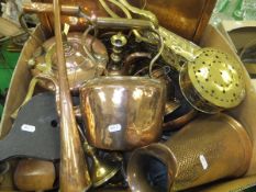 Assorted metal wares to include copper tray, copper kettles, jug, brass jug, candlesticks, a pair of