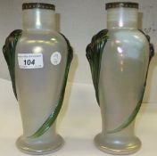 A pair of Loetz style vases with iridescent finish