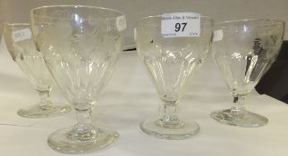 Four 19th Century glass rummers etched with wheatsheaf decoration and with finger cut sides