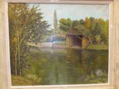 ERNEST HANNOUN "River landscape with boathouse", oil on canvas, signed bottom left