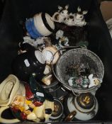 A box of assorted china wares to include a Goebel figure of a rabbit, etc