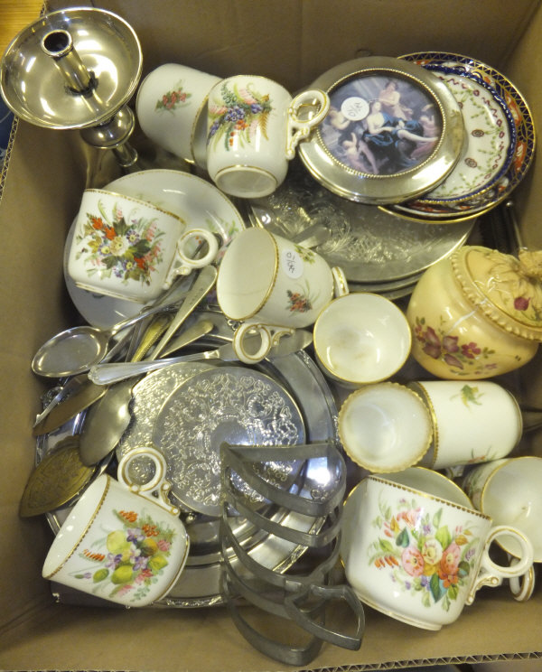 A box of miscellaneous china and plated wares to include a selection of 19th Century cabinet cups,
