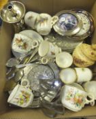 A box of miscellaneous china and plated wares to include a selection of 19th Century cabinet cups,